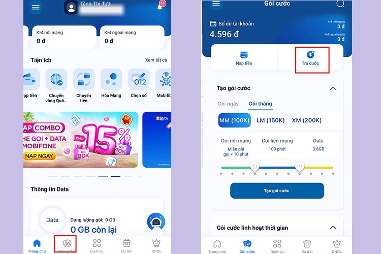Chọn Gói cước và nhấn vào Tra cước