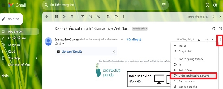 Chọn Chặn [tên mail rác]