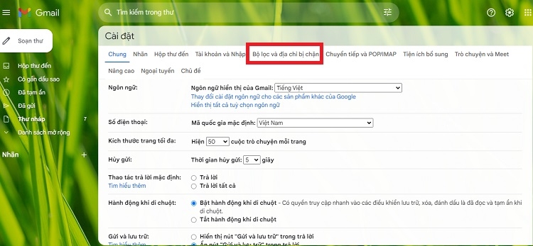 Nhấn vào Bộ lọc và địa chỉ bị chặn