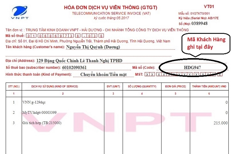 Tra mã khách hàng trên hoá đơn giấy
