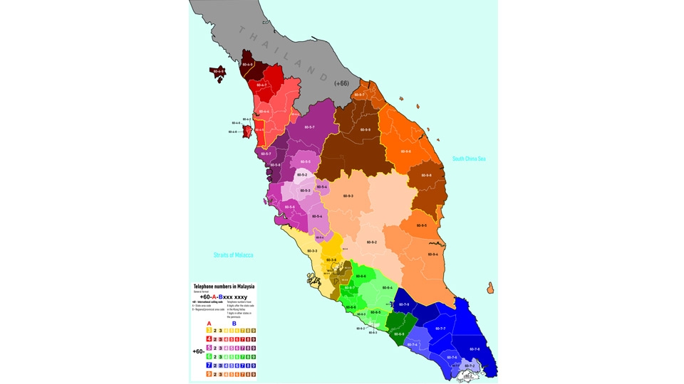 Tại Malaysia mã điện thoại được phân theo khu vực