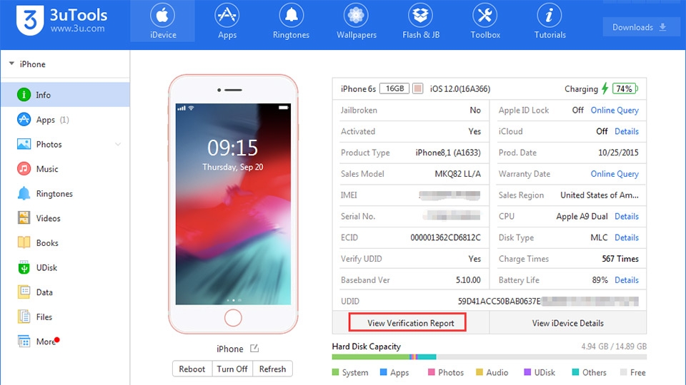 Sử dụng công cụ 3uTools để kiểm tra iPhone
