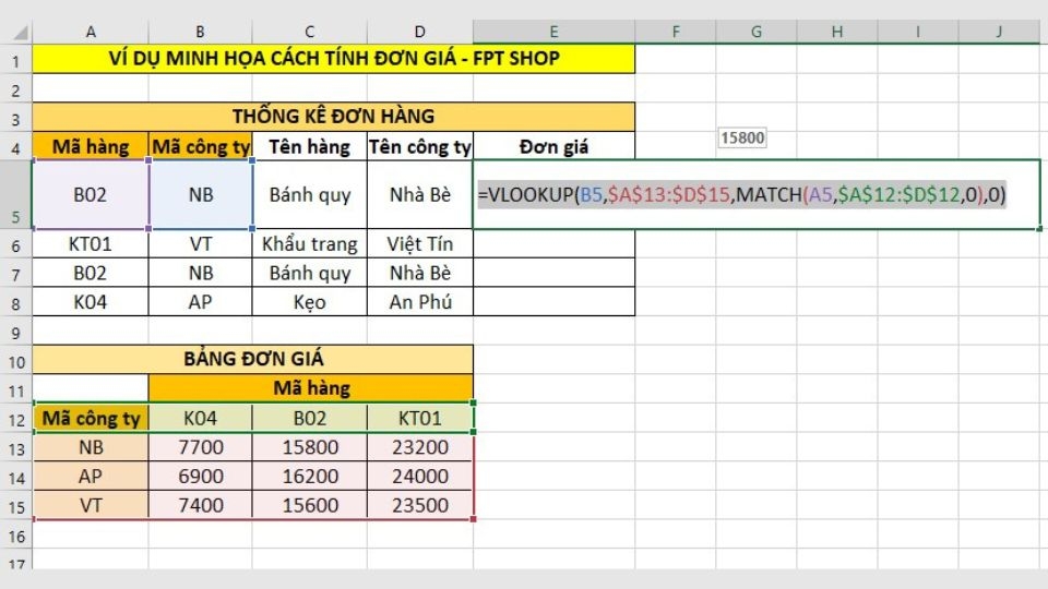 Tính đơn giá trong hàm VLOOKUP và MATCH