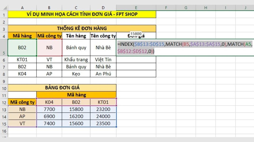 Tính đơn giá bằng hàm INDEX và MATCH
