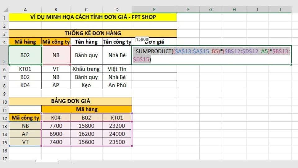 Tính đơn giá bằng hàm SUMPRODUCT