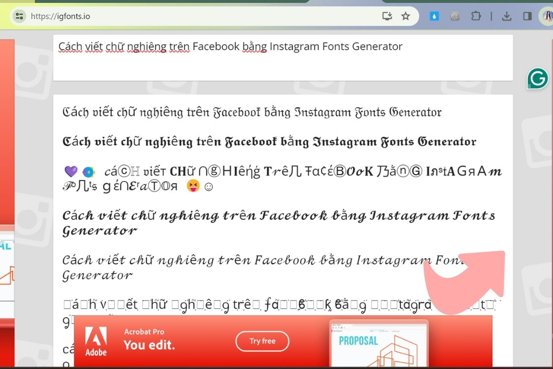 Cách viết chữ nghiêng trên Facebook bằng Instagram Fonts Generator