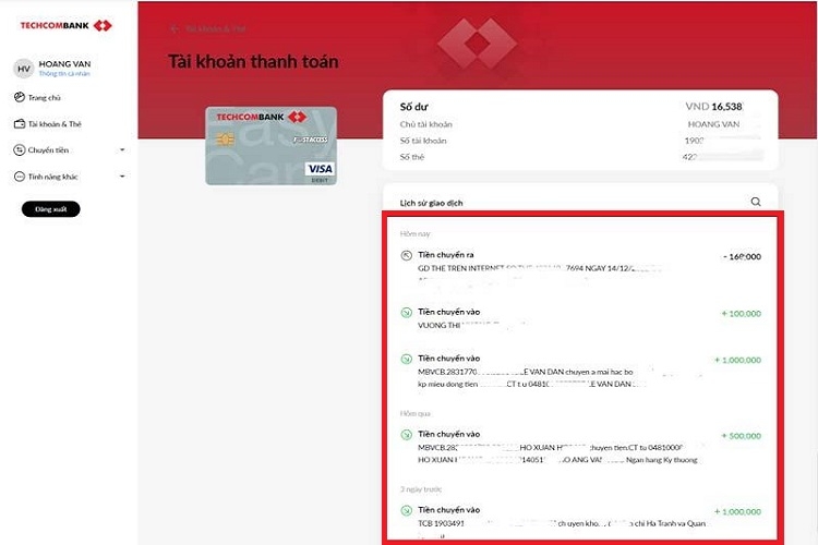 Thông tin các giao dịch được hiển thị chi tiết