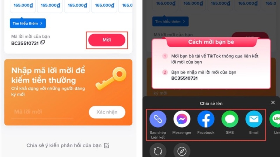 Bạn chọn vào ô Mời > Gửi mã mời của mình đến bạn bè qua Messenger hay Facebook