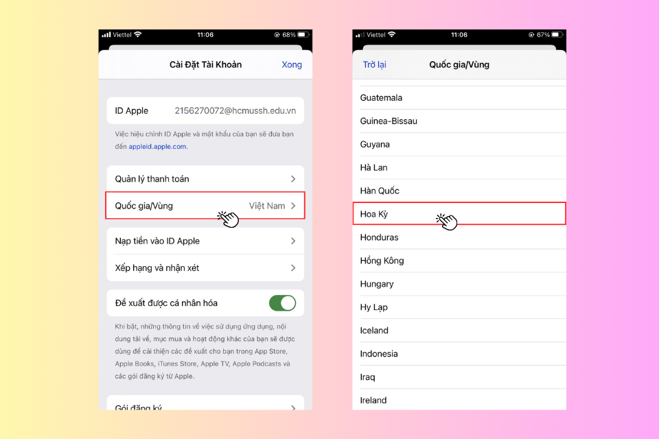 Nhấn vào mục Quốc gia/Vùng > Thay Đổi Quốc Gia hoặc Vùng > Hoa Kỳ