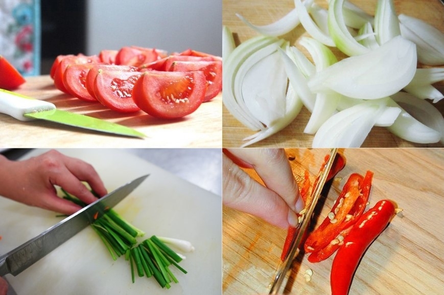 Sơ chế ớt, cà chua, hành tây, hành lá