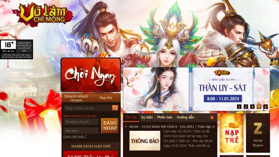 Trang chủ của game Võ Lâm Chi Mộng, nhấn 'Chơi ngay' để tải game về máy