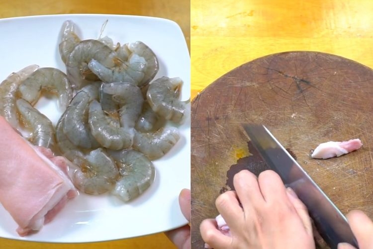 Sơ chế tôm và thịt làm bánh bột lọc