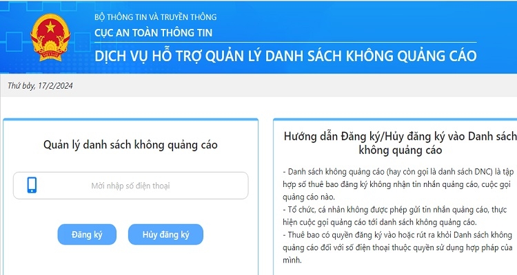 Đăng ký danh sách không nhận quảng cáo trên website
