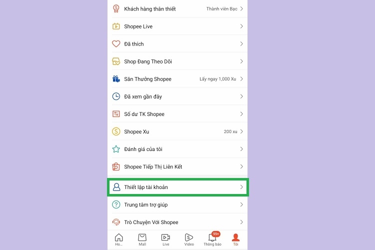 Chọn tính năng Thiết lập tài khoản
