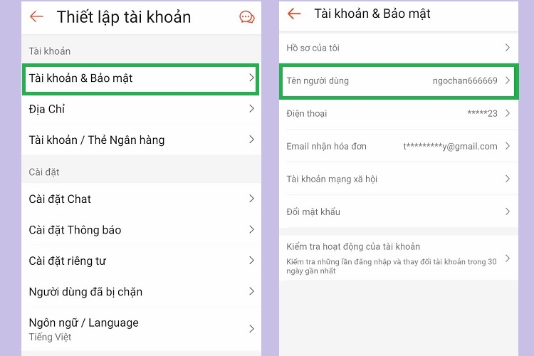 Chọn Tài khoản & Bảo mật và nhấn Tên người dùng
