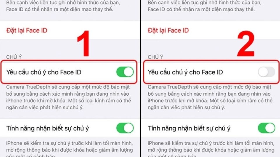 Tắt tính năng "Yêu cầu chú ý cho Face ID”