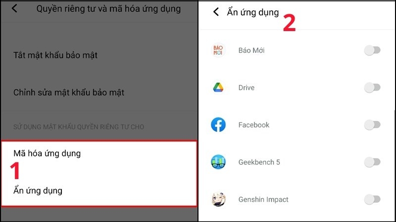 Chọn “Mã hóa ứng dụng” hoặc “Ẩn ứng dụng” tùy nhu cầu