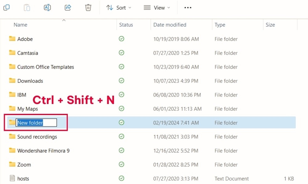 Cách tạo file trên máy tính bằng phím tắt Ctrl + Shift + N