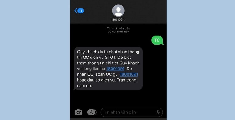 Từ chối nhận tin nhắn quảng cáo từ Vina