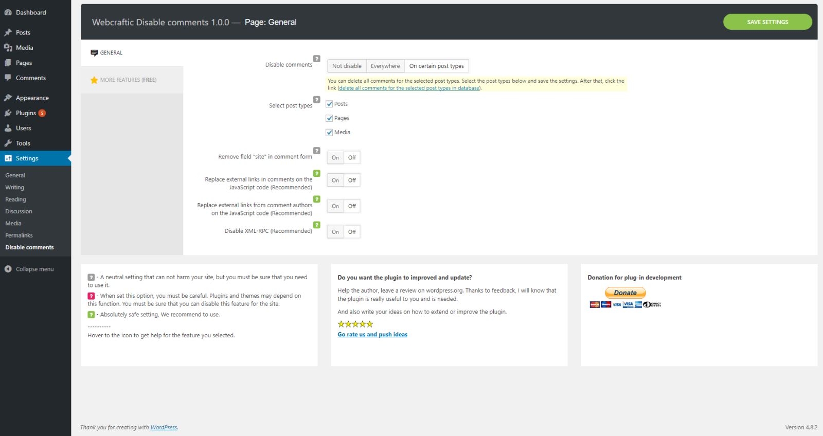 Giao diện trong “Disable comments” và các tùy chọn nâng cao