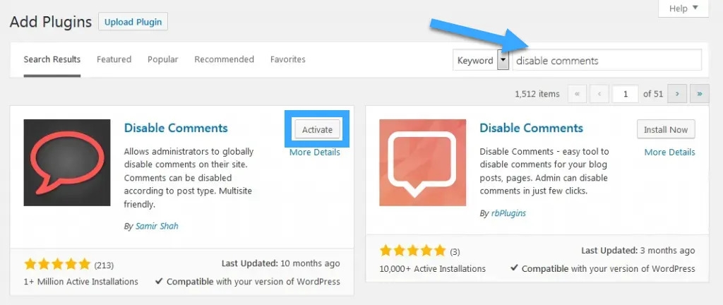 Tải plugin Disable Comments trong WordPress dashboard