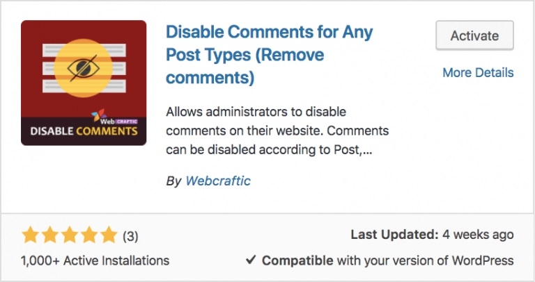 Plugin Disable Comments for Any Post Types (Remove comments)