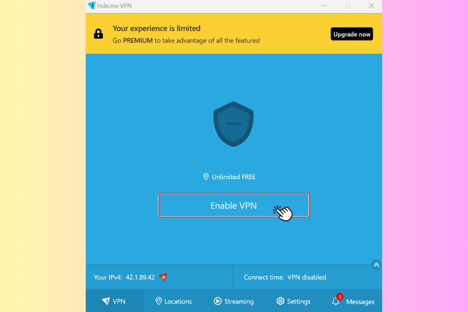 Nhấn vào nút Enable VPN để chuyển vùng IP