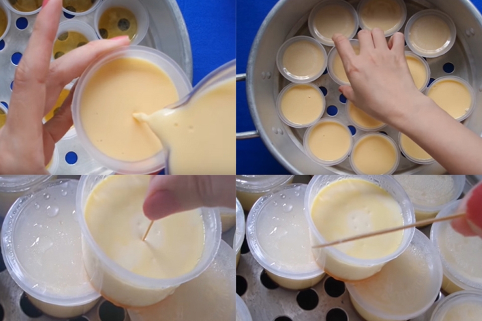 Đổ hỗn hợp trứng sữa vào khuôn và đem đi hấp.