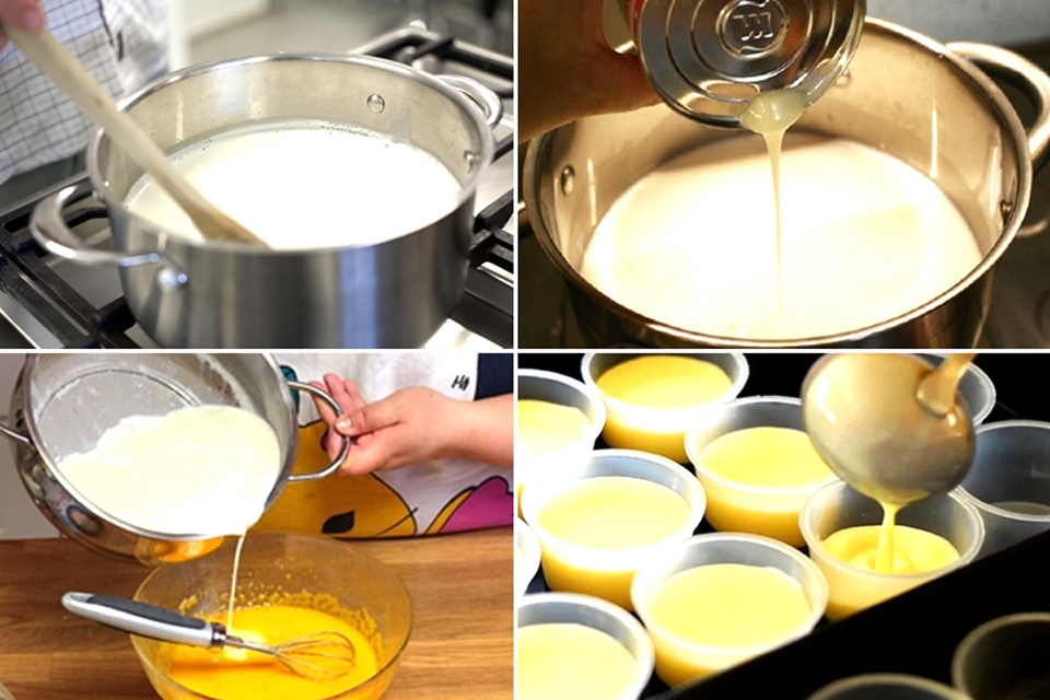 Tạo hỗn hợp trứng sữa và đổ vào khuôn bánh.