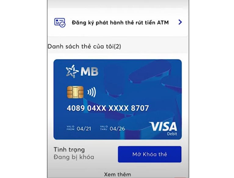 Chọn thẻ MB Bank mà bạn cần xem số thẻ