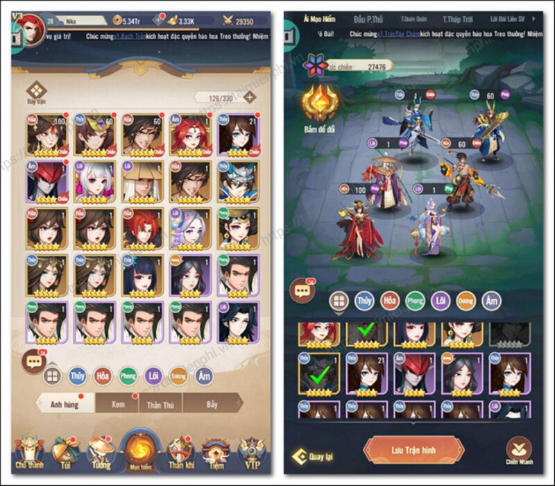 Người chơi có thể lựa chọn các anh hùng để xây dựng đội hình cho riêng mình