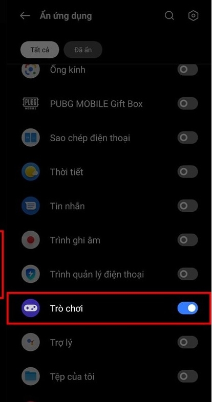 Bước 4: Bạn hãy chọn ứng dụng muốn ẩn. Sau đó, bạn gạt thanh trạng thái sang bên phải nhằm kích hoạt tính năng ẩn ứng dụng.
