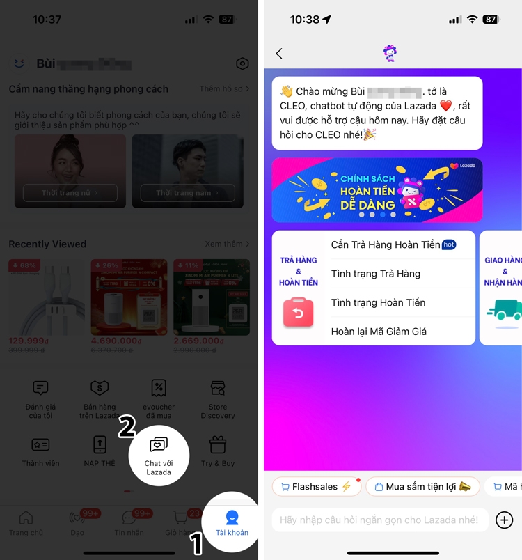 Sử dụng tính năng chat trực tuyến trên app Lazada