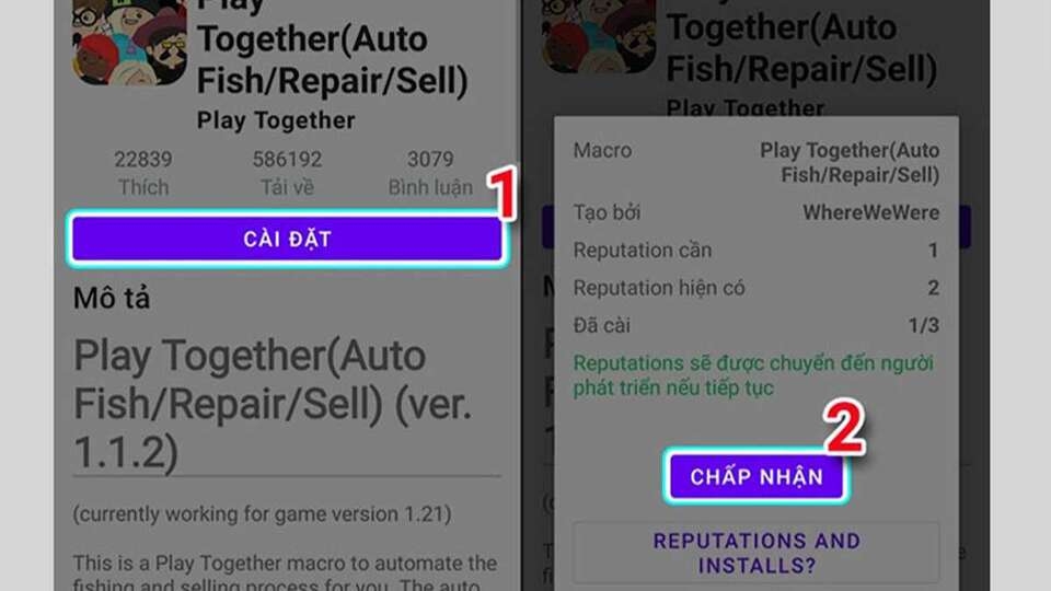 Nhấn 'Cài đặt' và chọn 'Chấp nhận'