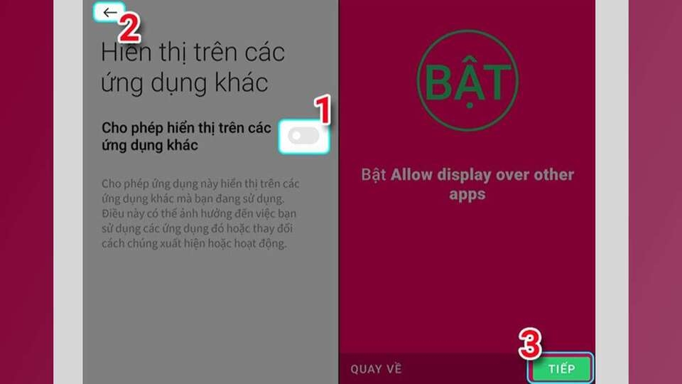 Mở thanh kích hoạt 'Cho phép hiển thị trên các ứng dụng khác'
