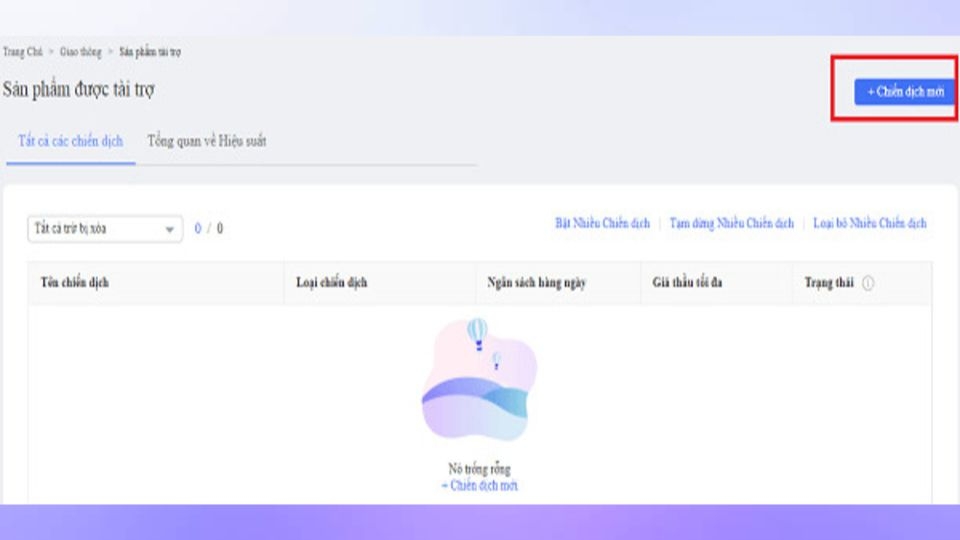 Vào phần “Sản phẩm tài trợ” và chọn “Chiến dịch mới”