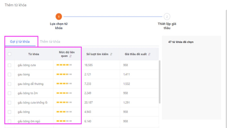 Chọn 7 - 10 từ khóa có lượt tìm kiếm cao để chạy quảng cáo Lazada