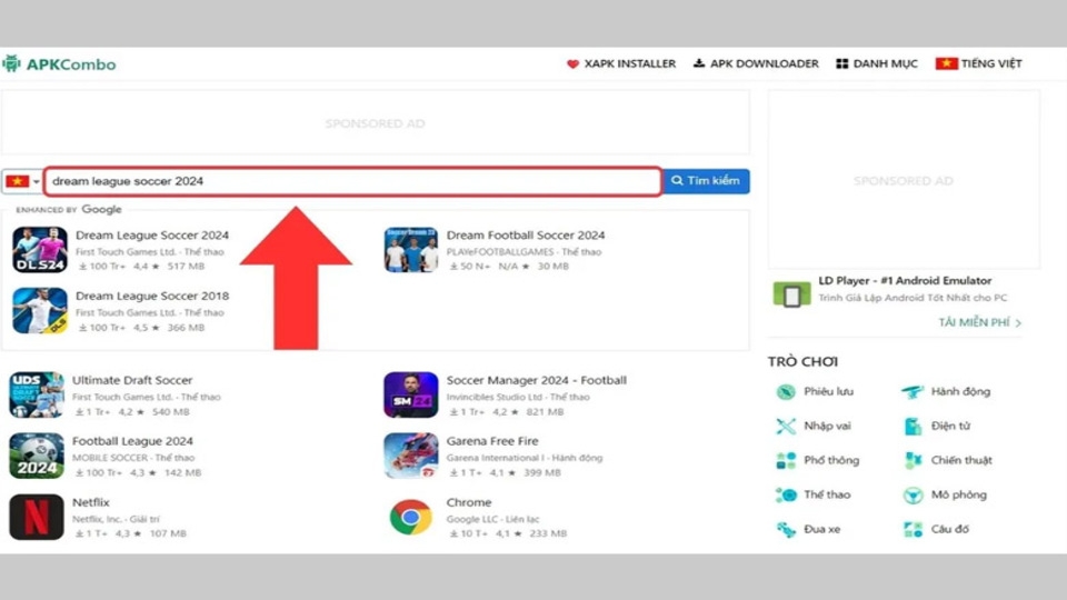 Vào ApkCombo và tìm kiếm “Dream League Soccer 2024”