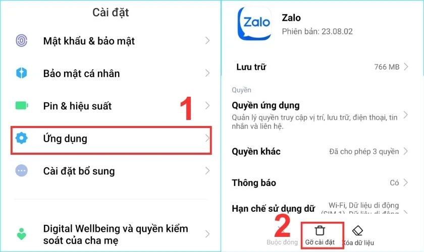 Gỡ và tải lại ứng dụng Zalo bước 1