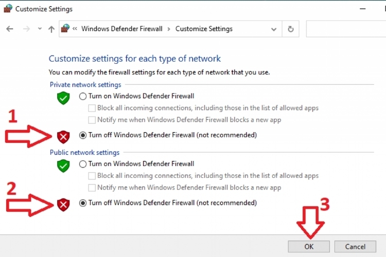 Tắt Firewall (Tường lửa)