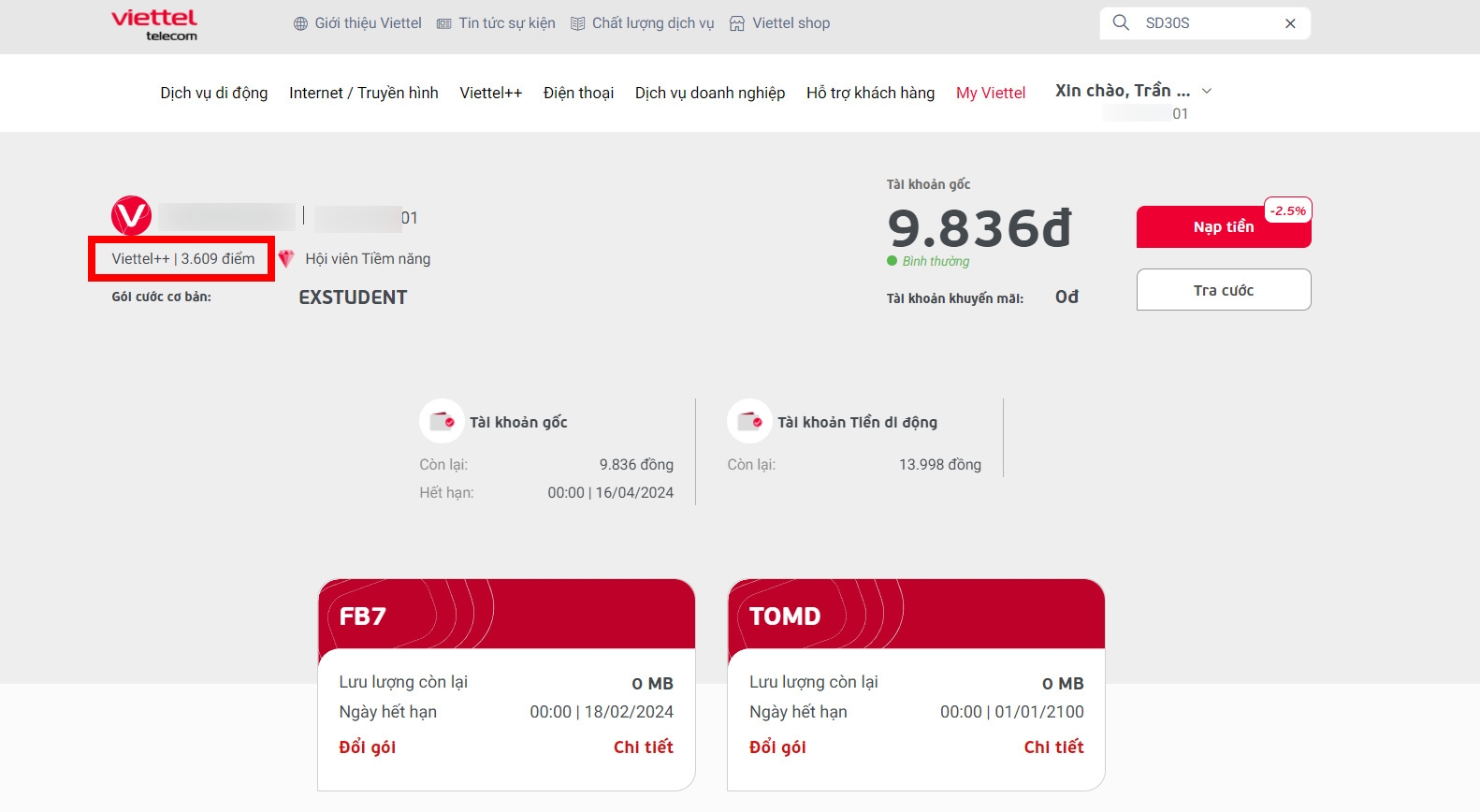 tra cứu điểm viettel 9