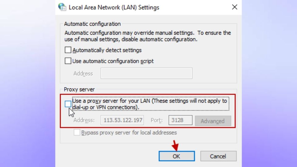 Điền giá trị Proxy IP, Proxy Port vào ô Address, Port