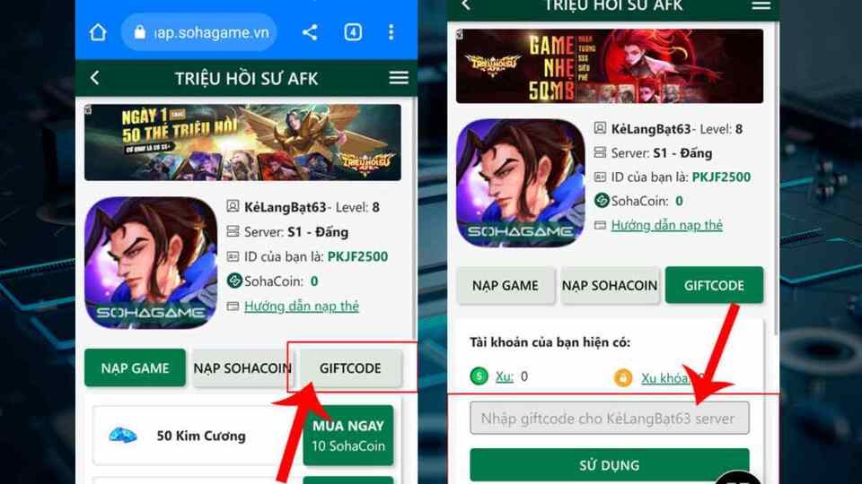 Nhập mã code và nhấn vào nút 'Sử dụng'