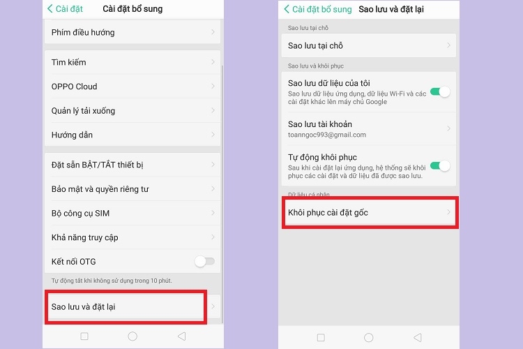 Nhấn vào Khôi phục cài đặt gốc
