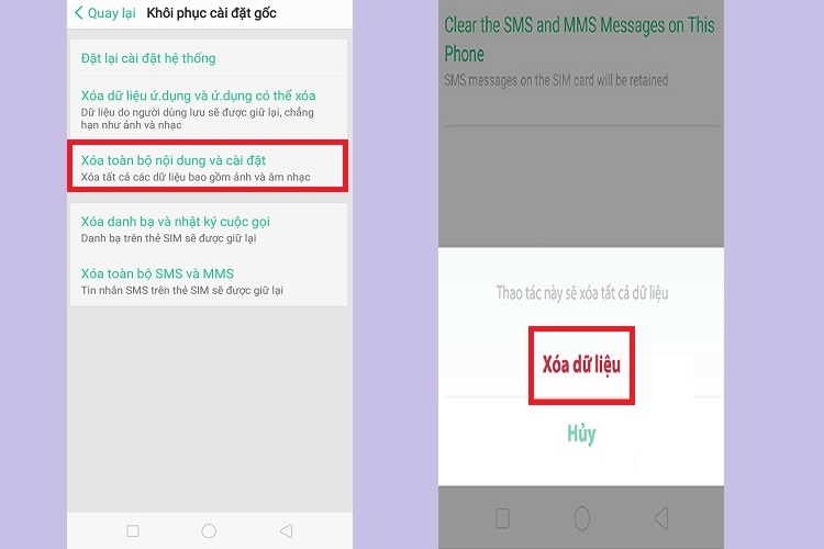 Chọn Xoá toàn bộ nội dung và cài đặt