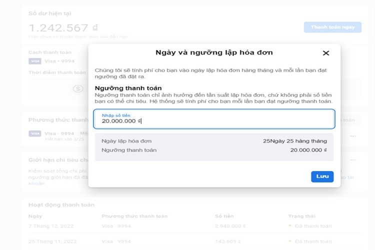 Xác nhận thay đổi ngưỡng thanh toán Facebook
