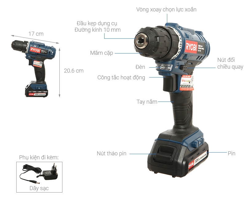 Các bộ phận của máy vặn vít cầm tay Ryobi CLD-120 sử dụng pin cao cấp
