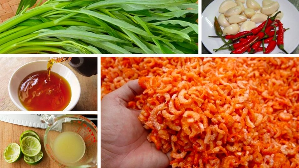 Ingredientes para la ensalada de tallo de espinaca con camarones secos