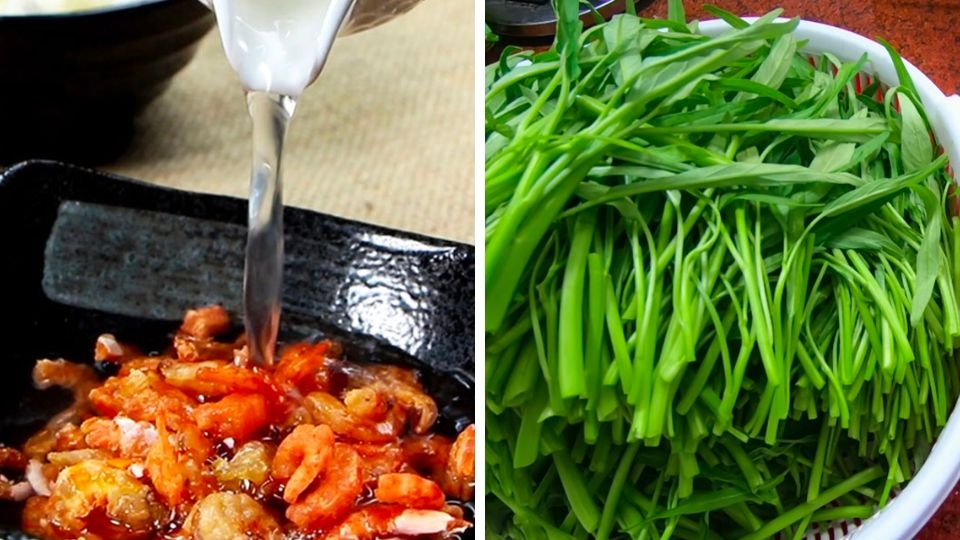 Preparación de los ingredientes para la ensalada de tallo de espinaca con camarones secos