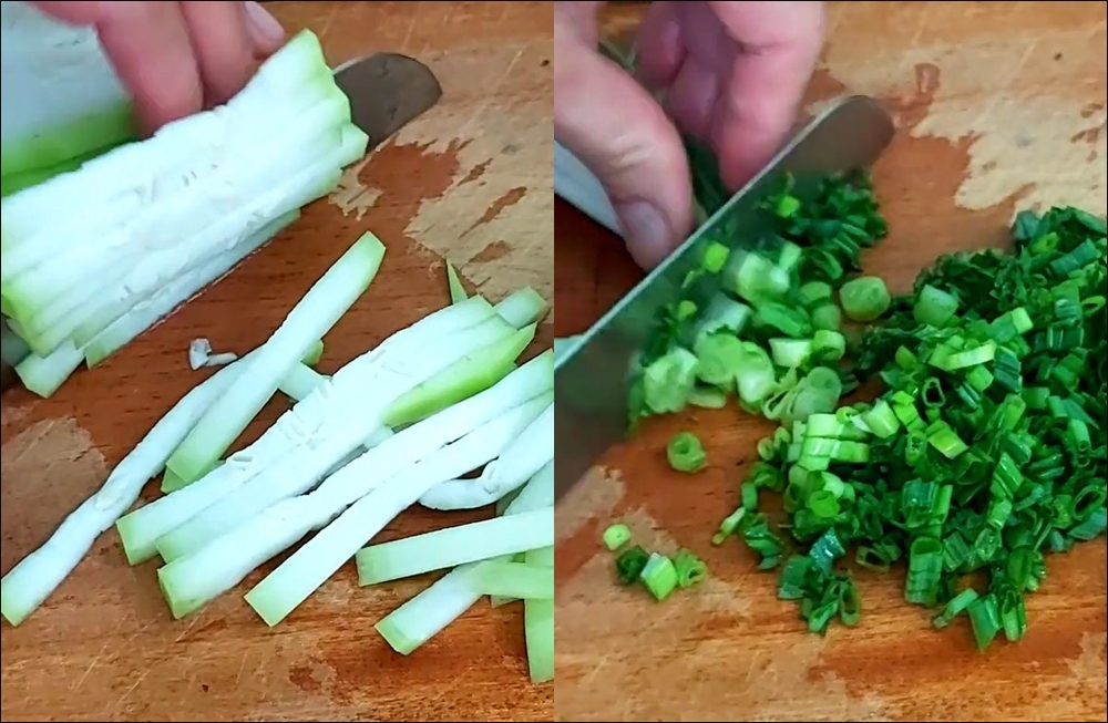 Sơ chế bầu và hành lá